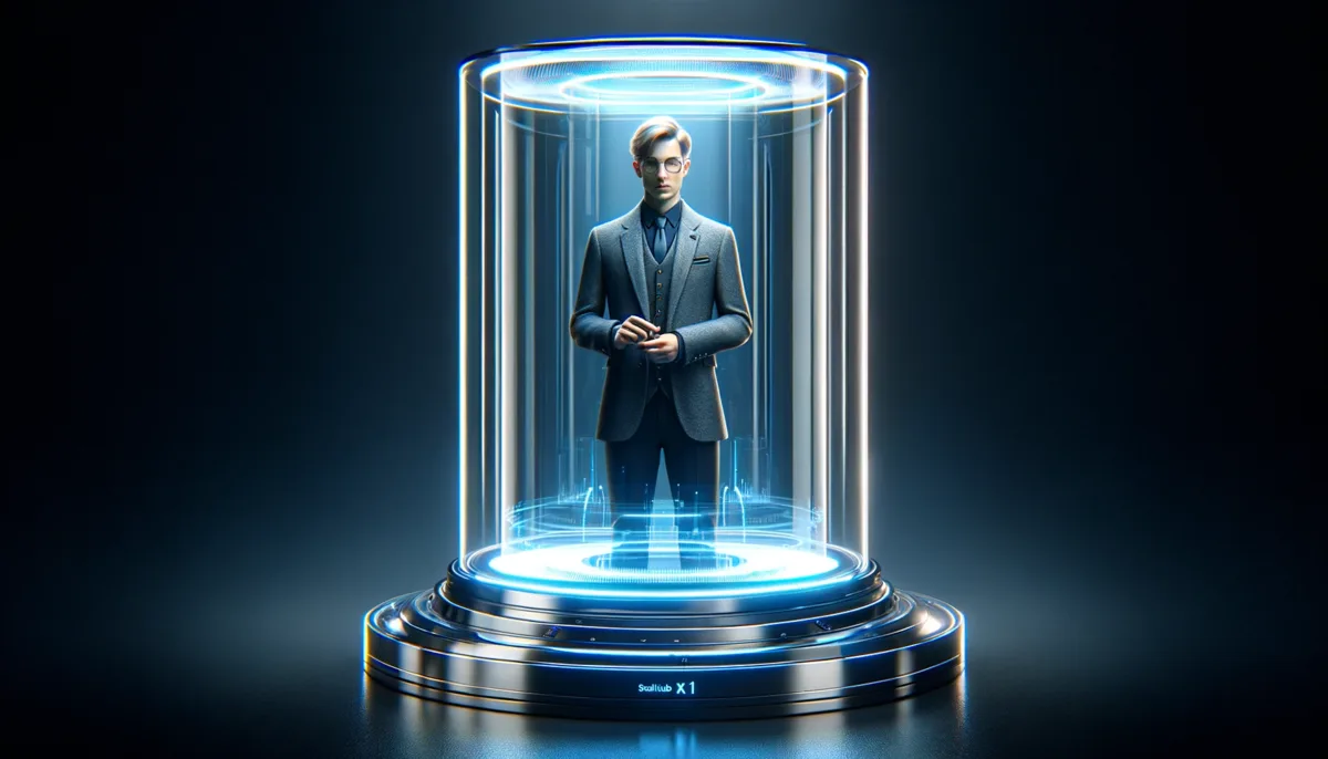 A human presence rendered in a cylinder of blue light, representing the Alaya cognitive engine