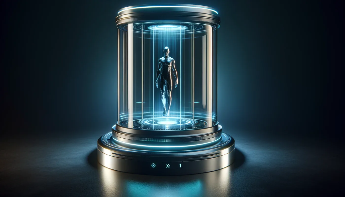 SoulHub Avatar concept render: a luminous human presence rendered in an open spatial field
