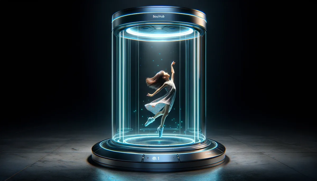 A young figure rendered as a moving presence inside a SoulHub light column