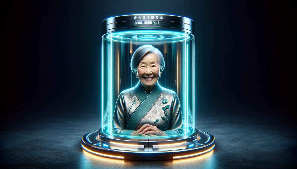 An elderly woman smiling, rendered as a life-size presence inside a SoulHub light column
