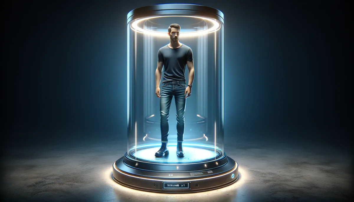 A man in everyday clothes rendered at full height inside a SoulHub light column