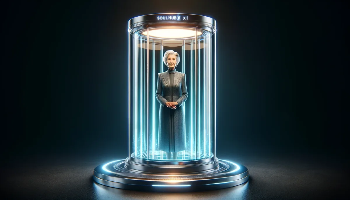 An older woman rendered as a warm, life-size presence inside a SoulHub light column