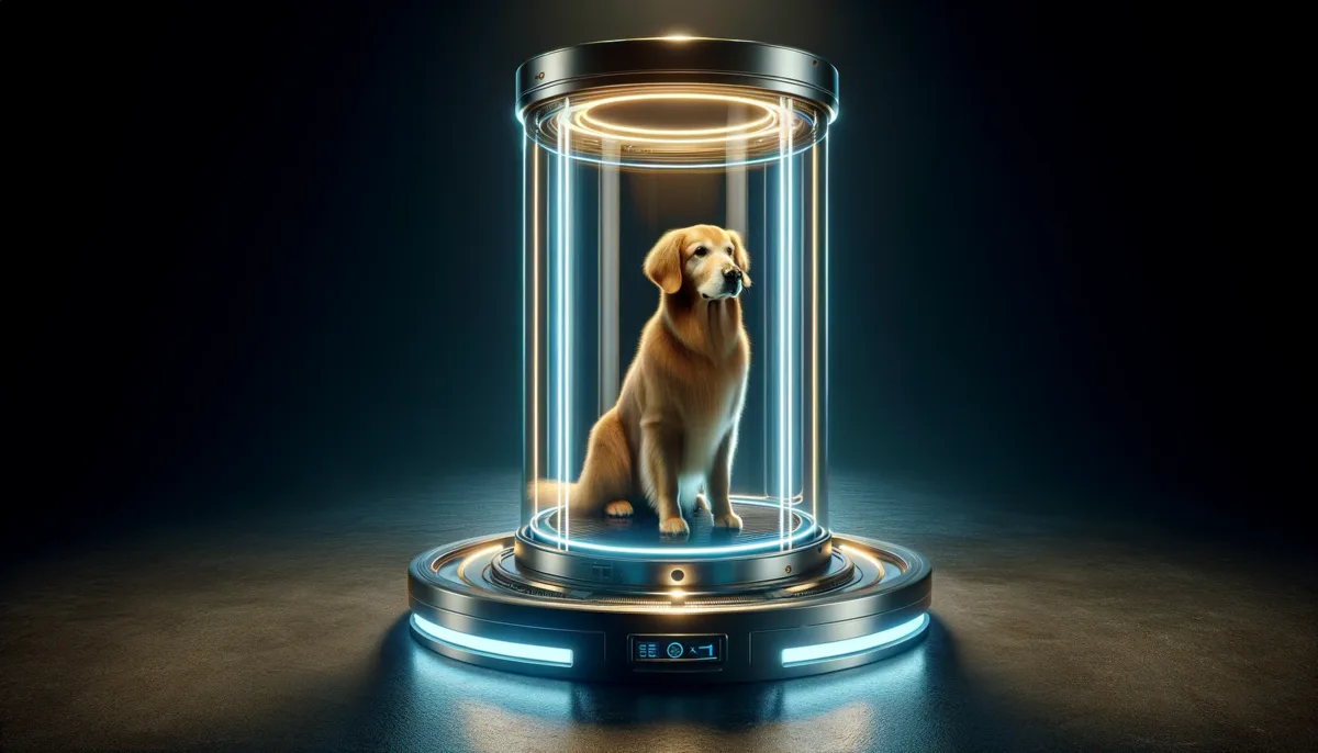 A golden retriever rendered as a moving presence inside a SoulHub light column