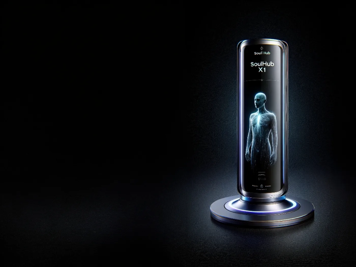 SoulHub X1 presence device: a slim illuminated column on a circular base showing a life-size human figure