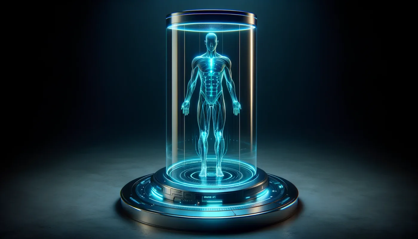 SoulHub M concept render: a volumetric human presence standing inside a cylindrical light field