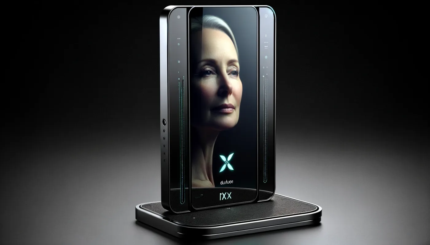 A SoulHub device showing a human face on a high-definition display