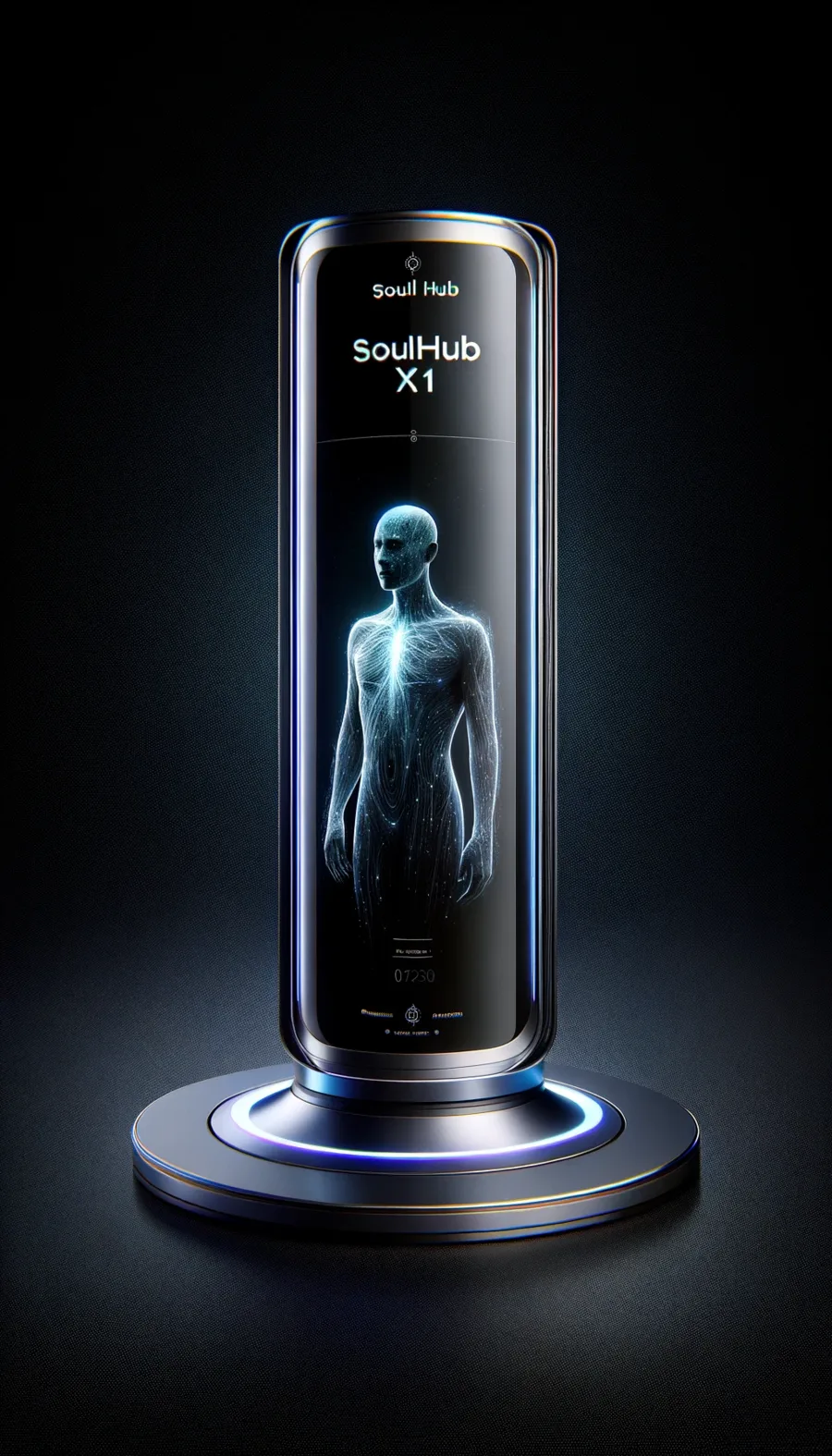 SoulHub X1: a slim illuminated presence column on a circular base, showing a life-size human figure